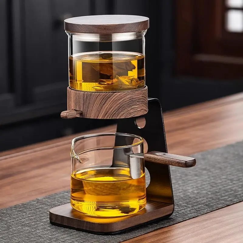 Lazy Kung Fu Glass Tea Set Semi Automatic Drip With Infuser Glass Teapot Set Magnetic Switch Teapot Teacup Set Glassware