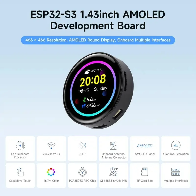 Waveshare ESP32-S3R8 1.43inch AMOLED Touch Display Development Board 466×466 ESP32 Round Screen HMI LVGL GUI Multiple Interface