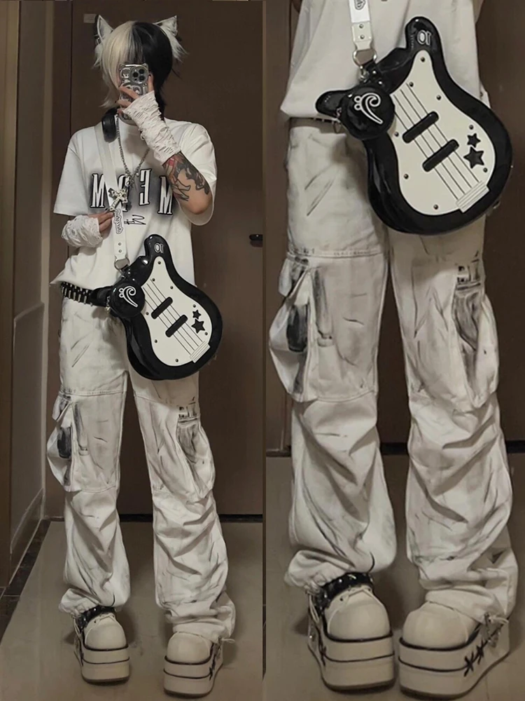 

Y2K Subculture Women's High Waist Straight Leg Jeans White Splatter Workwear Denim Pants Elastic Waist plus Size Slimming