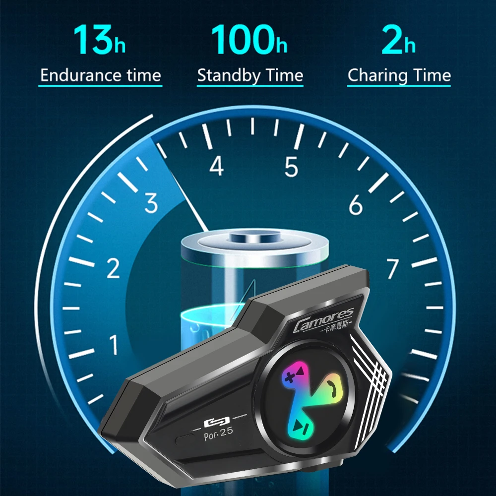 Bluetooth5.4 Helmet Headset Por25 RGB Light Motorcycle Earphone IP56 Waterproof Support For Connecting Two Phones Simultaneously