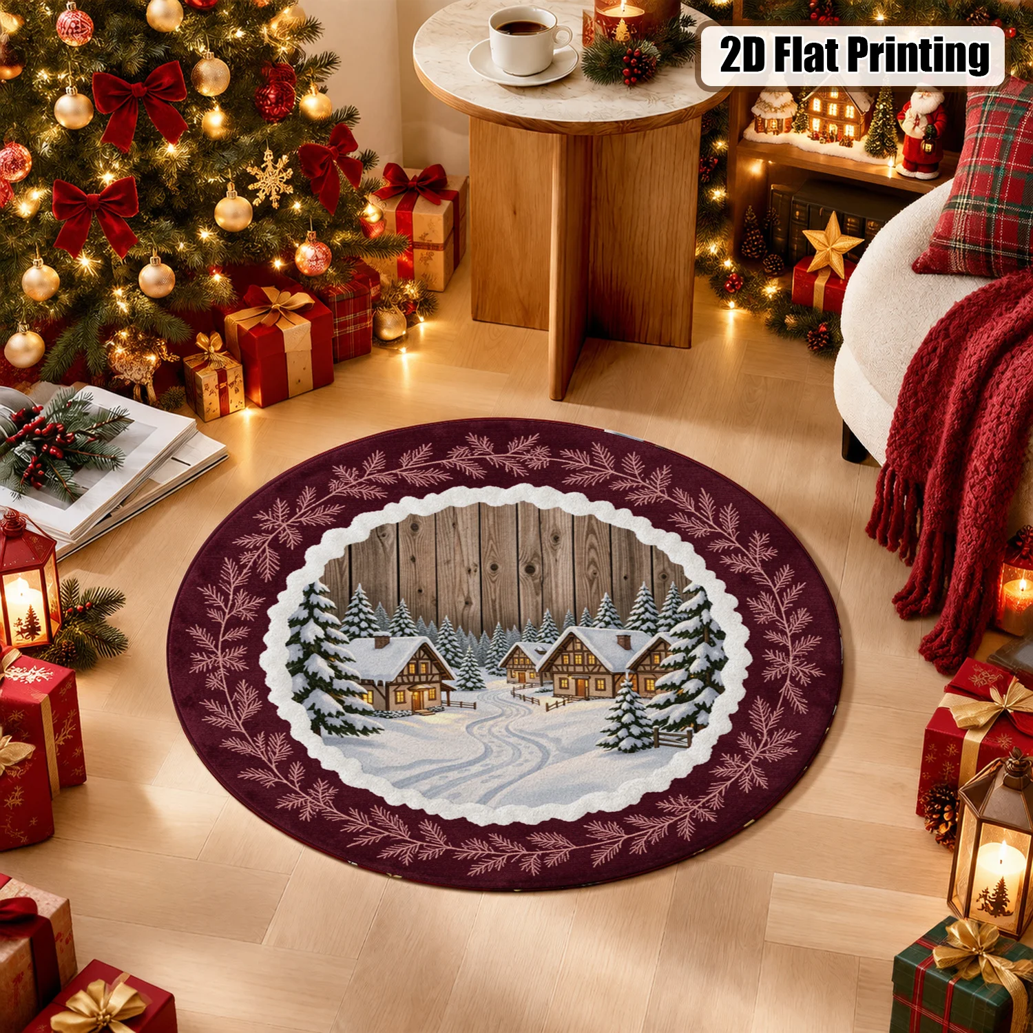 Round Winter Snowy Cabin Pine Branch Pattern Velvet Rug Machine Washable for Living Room Dining Room Bedroom Entryway Halloween Thanksgiving Black Friday Cyber Monday Christmas New Year