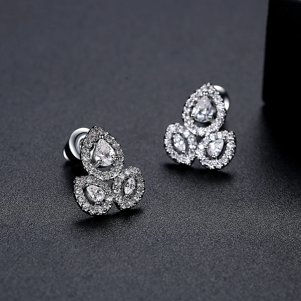 LUOTEEMI Cute Tiny Waterdrop Cubic Zirconia Stud Earrings for Women Leaf Design High Quality CZ Bridal Wedding Fashion Jewelry