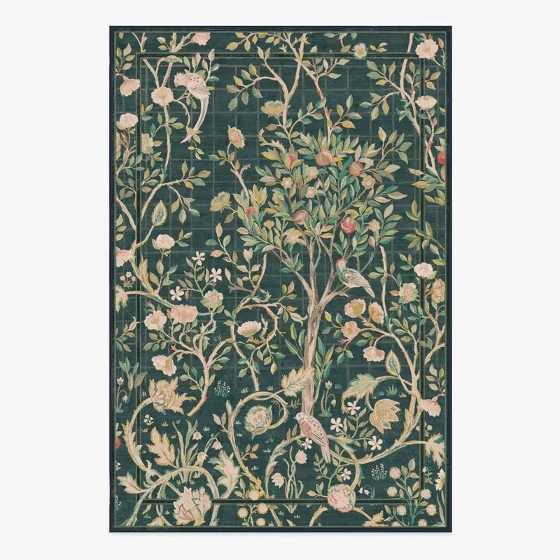 Minimalist retro green plant flower pattern Carpet Living room large area rug soft plush machine washable non-slip floor mat