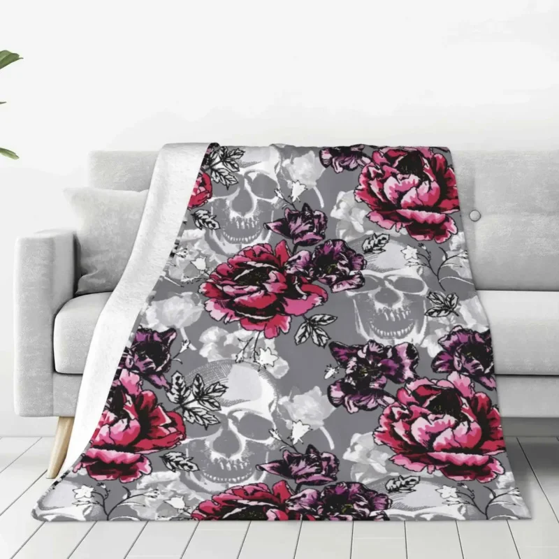 

Floral Skull Wool Blankets Pink Peony Funny Throw Blanket for Home 125*100cm Plush Thin Quilt