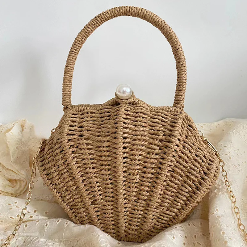 Shell shaped chain small Messenger Bag rattan woven ins beach vacation mobile phone fashionable Crossbody bag  beach Straw bag