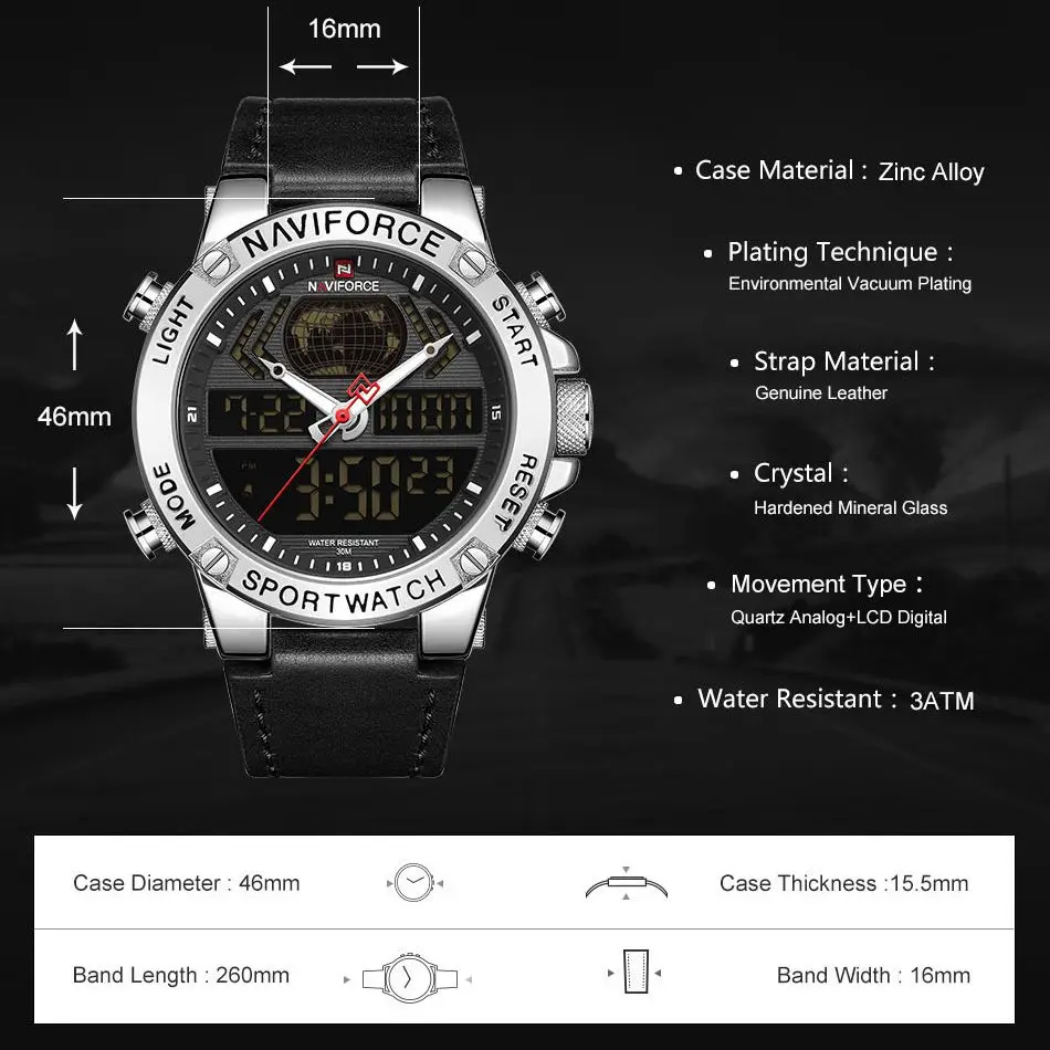 NAVIFORCE Mens Watches Top Luxury Brand Sport Digital WristWatch Waterproof Dual Display Military Men Clock Relogio Masculino