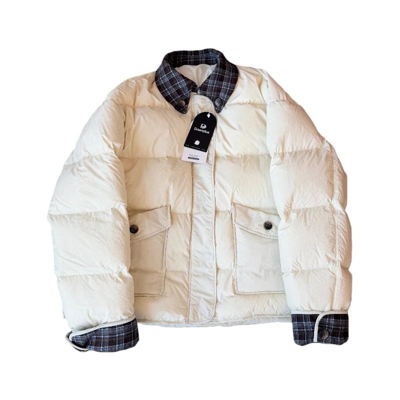 

Элитная женская повседневная куртка из гусиного пуха (90% натурального пуха), легкая, теплая, в клетку, с цветными вставками