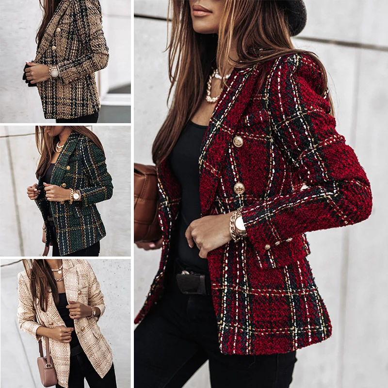 

S-3XL 4Colors Double-Breasted Plaid Shape Slim Blazer Coat Long-Sleeve Women Office Spring Autumn Suit Polyester Fiber Jacket