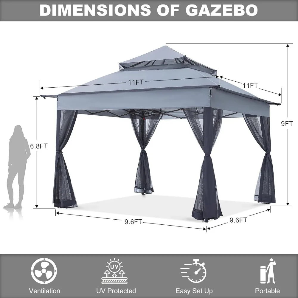 Gazebo emergente 11x11 - Tienda de campaña con dosel para exteriores con mosquitera para patio, jardín, patio trasero (gris), cenador resistente al agua