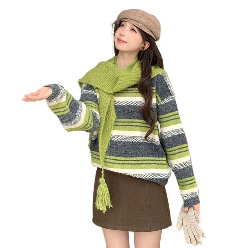 

Lazy Wind Striped Sweater Women's Spring Autumn Winter New Round Neck Loose Long-sleeved Knitted Top Two-piece Set Shawl Scarf