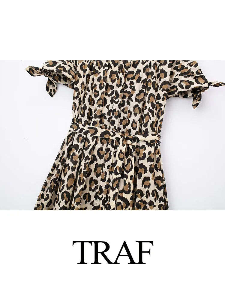 TRAF 2024 Women\'s Summer Fashion Vinatge Long Dress Leopard Print Short Sleeve Lace Up Belt Dresses A Line Loose Mujer Vestidos