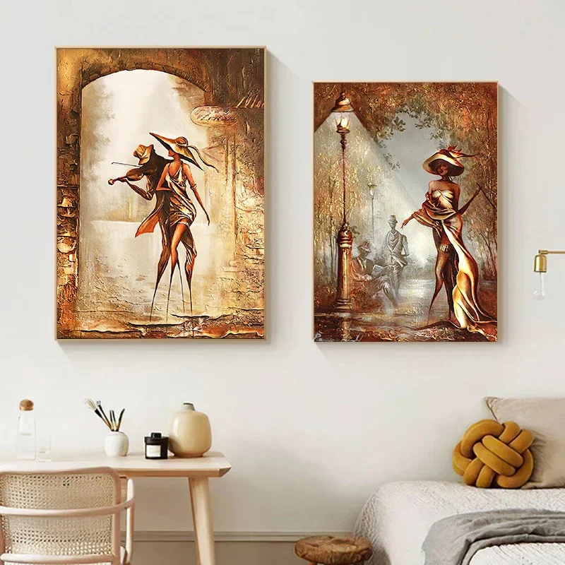Nordic Love Romantic Couple Art Diamond Painting Vintage Golden Beauty Posters and Prints Living Room Decoration Mural Picture