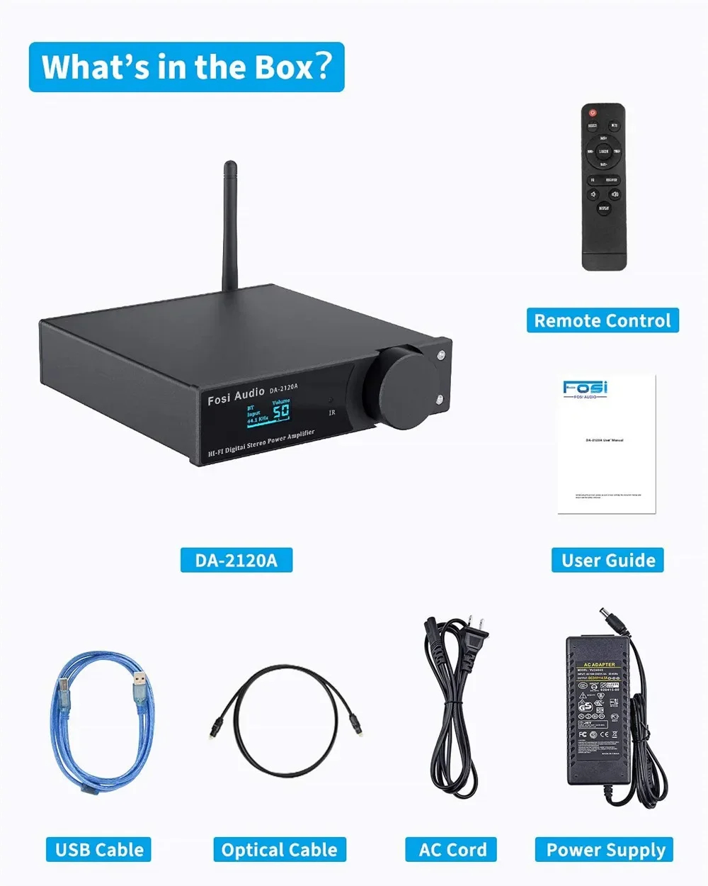 Fosi Audio-Amplificateur Bluetooth DA2120A, Audio stéréo, Amplificateur de radiateur sans fil, Amplificateur de puissance Hifi Classe D, Hautréus50 W x 2 et caisson de basses actif