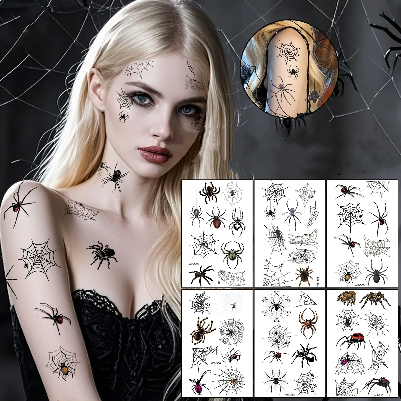 

5pcs Waterproof Funny 3D Spider Tattoo Stickers Sweatproof Halloween Realistic Scary Spider Web Temporary Tattoo Stickers