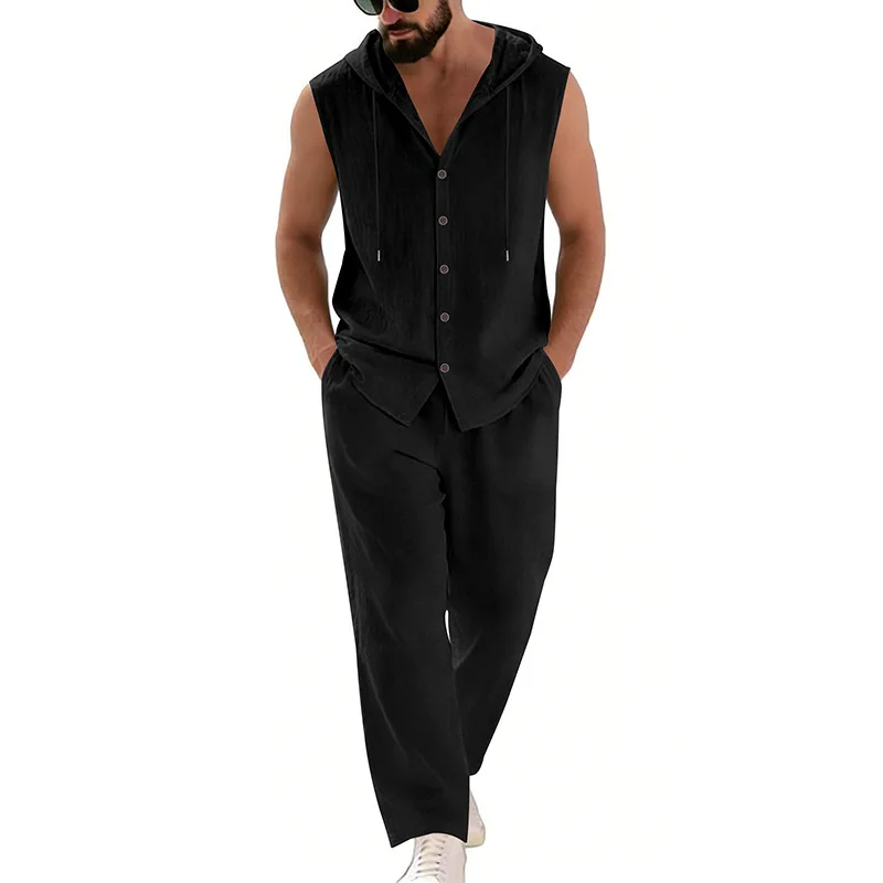 Men's Casual Linen Suit Hooded Sweater And Pants Set Solid Color Breathable Comfortable Men's Clothing view 3