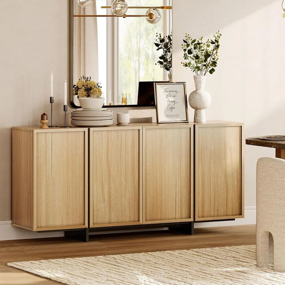 

Современный дубовый буфет с 2 большими шкафами и кофейной зоной, дизайн с Т-образными ножками для гостиной и кухни