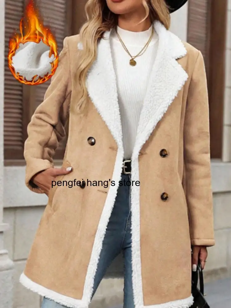 Women Winter Faux Suede Lamb Wool Mid-Length Coat European American Style Big Lapel Double Breasted Faux Fur Integrated Overcoat