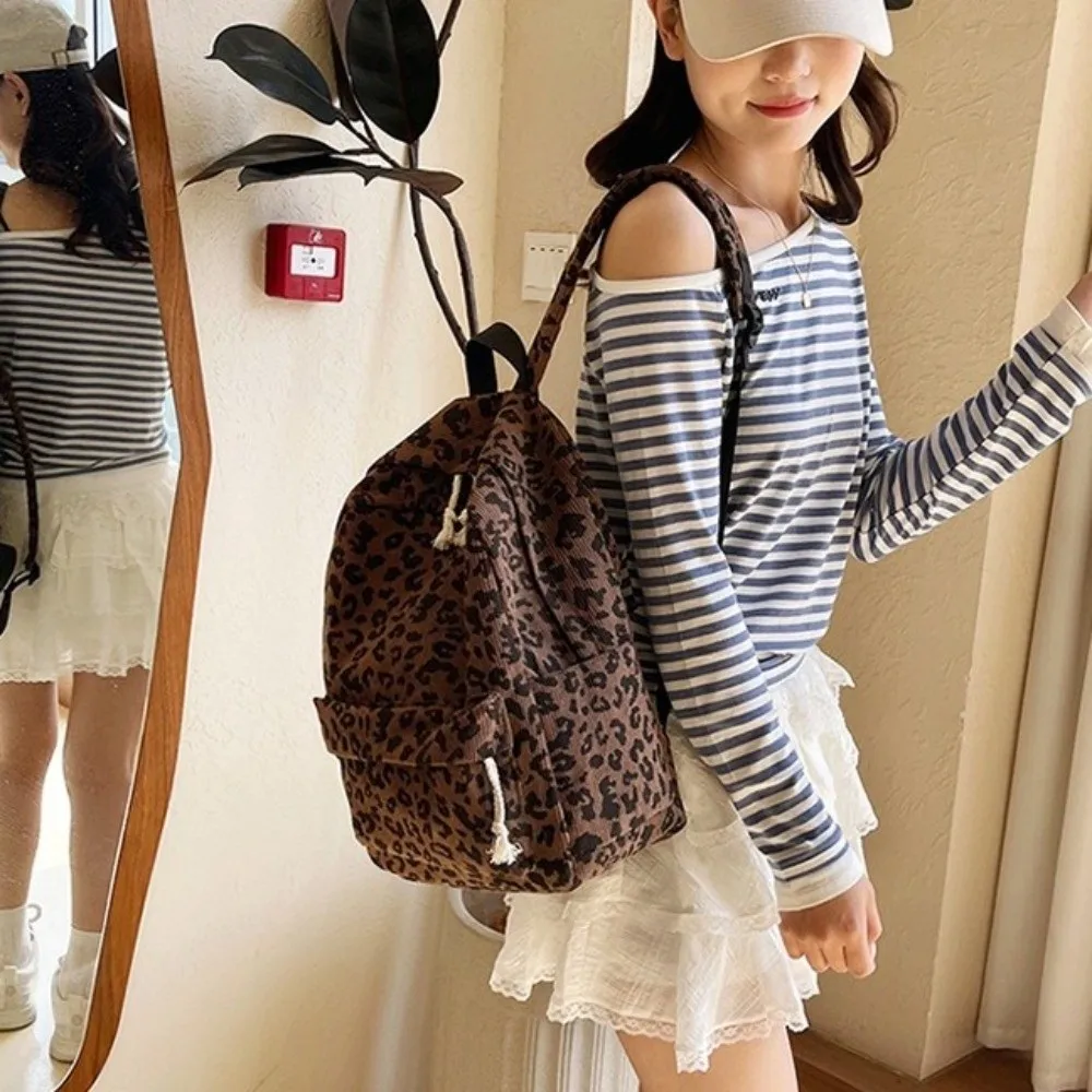 Corduroy Leopard Print Backpack Lightweight Ulzzang Students School Bag Large Capacity Korean Style Students Daypack Daily