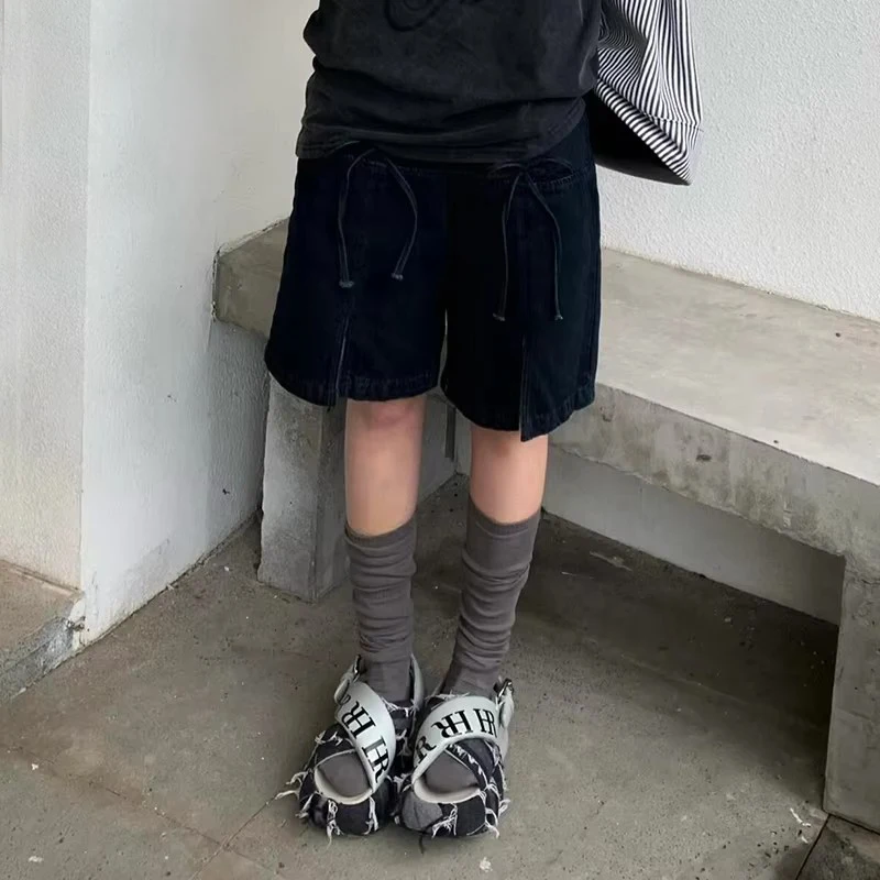 PBAP Cutecore Bow Denim Bermuda Pants Vintage Distressed Pockets High Waist Split Wide Leg Casual Jean Shorts Women Clothing