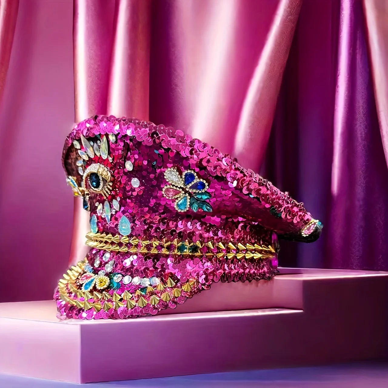 HongLuan Yellow Laser Leather Loop Captain Hat Rhinestone & Military Caps for Woman, Rave Festivals Accessories ＆ Party Cap Man