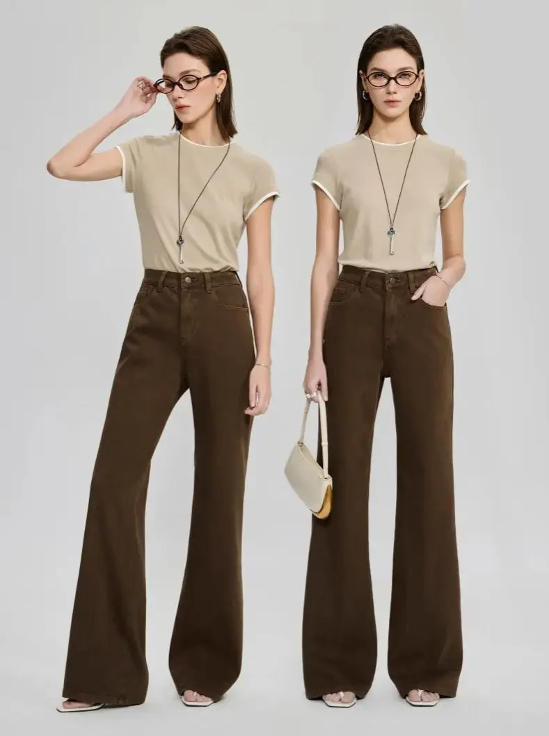 

Женские винтажные коричневые джинсы с высокой талией, расклешенные, облегающие, с широкими штанинами, в стиле ретро, повседневные, для уличной моды, осень-зима