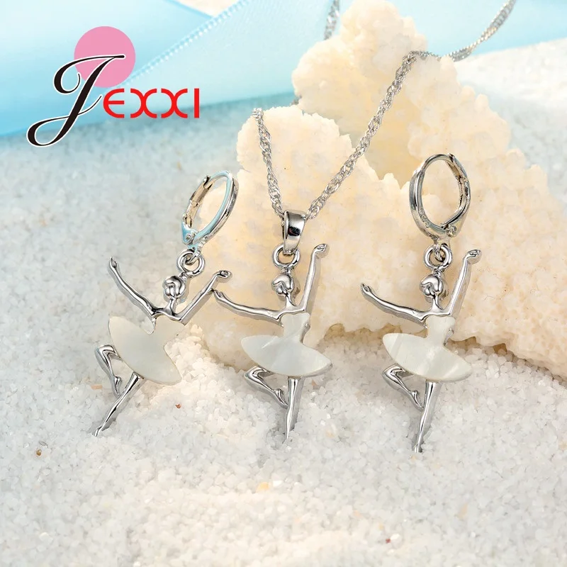 

Hot Sale Fashion 925 Sterling Silver Jewelry Set Dancing Lady Pendant Necklace Earrings Shell Skirt Party Accessories for Woman