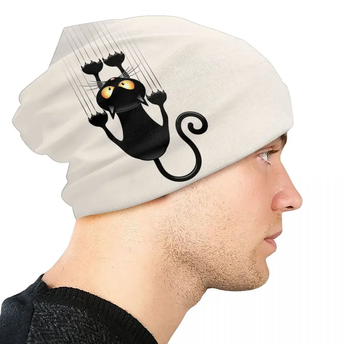 Engraçado dos desenhos animados gato preto crânios gorros bonés moda inverno quente mulheres homens tricô chapéu adulto unisex bonnet chapéus