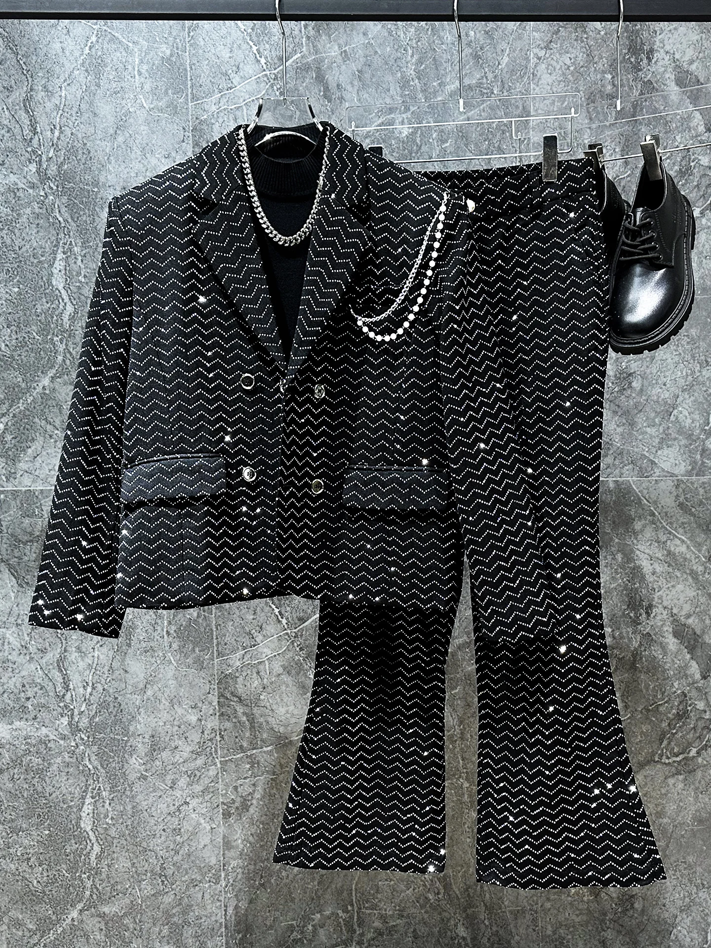 

Модный мужской пиджак с тяжелыми стразами, свободного кроя, повседневный, на весну-осень, с длинным рукавом, на одной пуговице