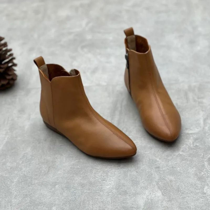 Botas curtas de couro genuíno para mulheres, sapatos retrô feitos à mão, sola macia, zíper traseiro, casual, novo, outono, inverno, 2022