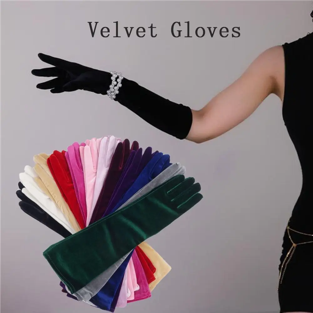 Punk Long Gloves Retro 45cm Velvet Performance Mittens Evening Dress Accessories Black/White/Wine red Royal Blue Gloves Party