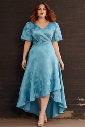 Flycurvy Plus Size Wedding Guest Cyan Satin Jacquard Wrap Neck High Low Hem Maxi Dress