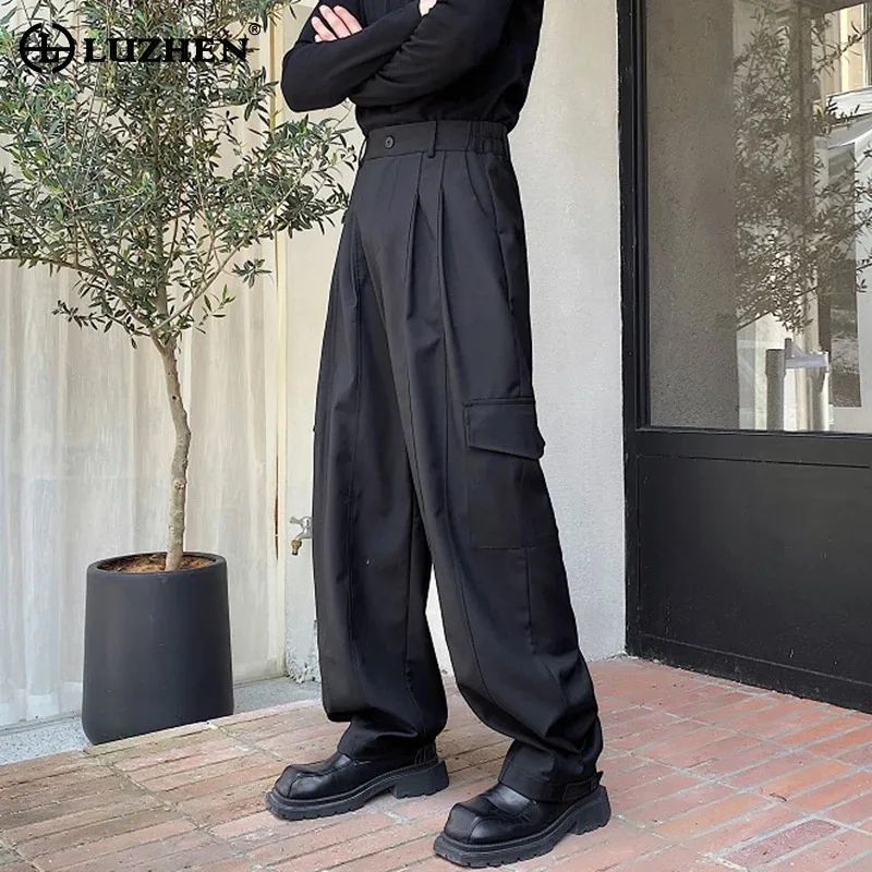 LUZHEN Men's Wide Leg Straight Suit Pants Autumn Trendy Korean Adjustable Pockets Design Versatile Baggy Plain Trousers LZ7140