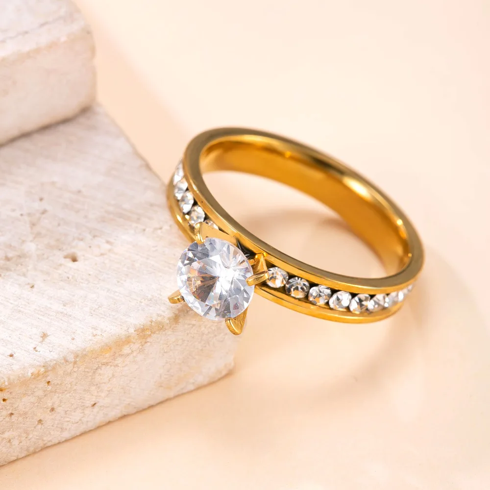 Stainless Steel Gold Color 4mm Round Zircon Ring for Women PVD Gold Plated Jewelry