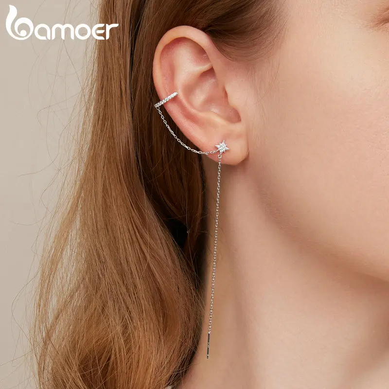 Bamoer 925 Sterling Silber Einfache Stern Ohr Manschette für Weibliche Mode Ohr Studs Passenden Mädchen Geburtstag Geschenk Vearsatile Edlen Schmuck
