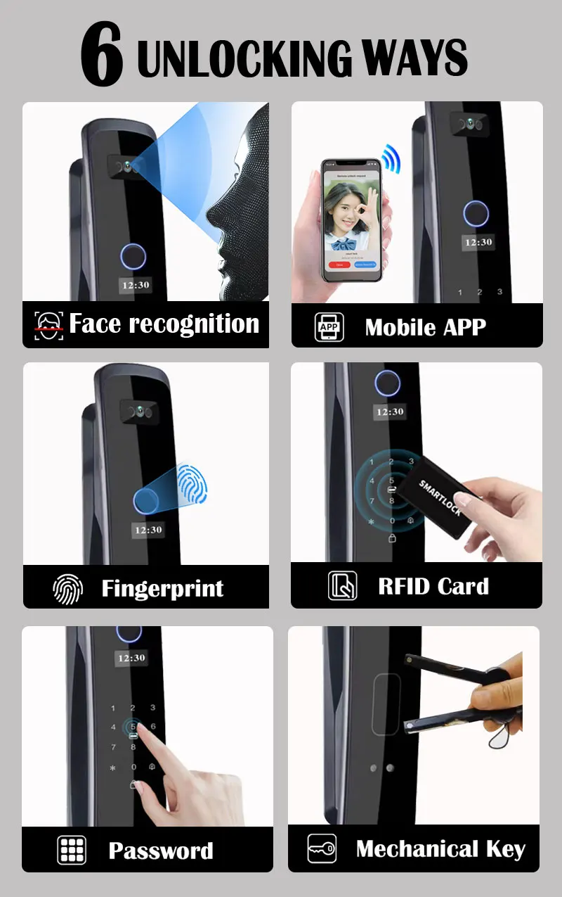 3D 얼굴 인식 지문 스마트 잠금 장치, 투야 앱, 위시홈 앱, 와이파이 키 카드, NFC RFID 코드 문짝 잠금 장치, 6068 장붓 구멍