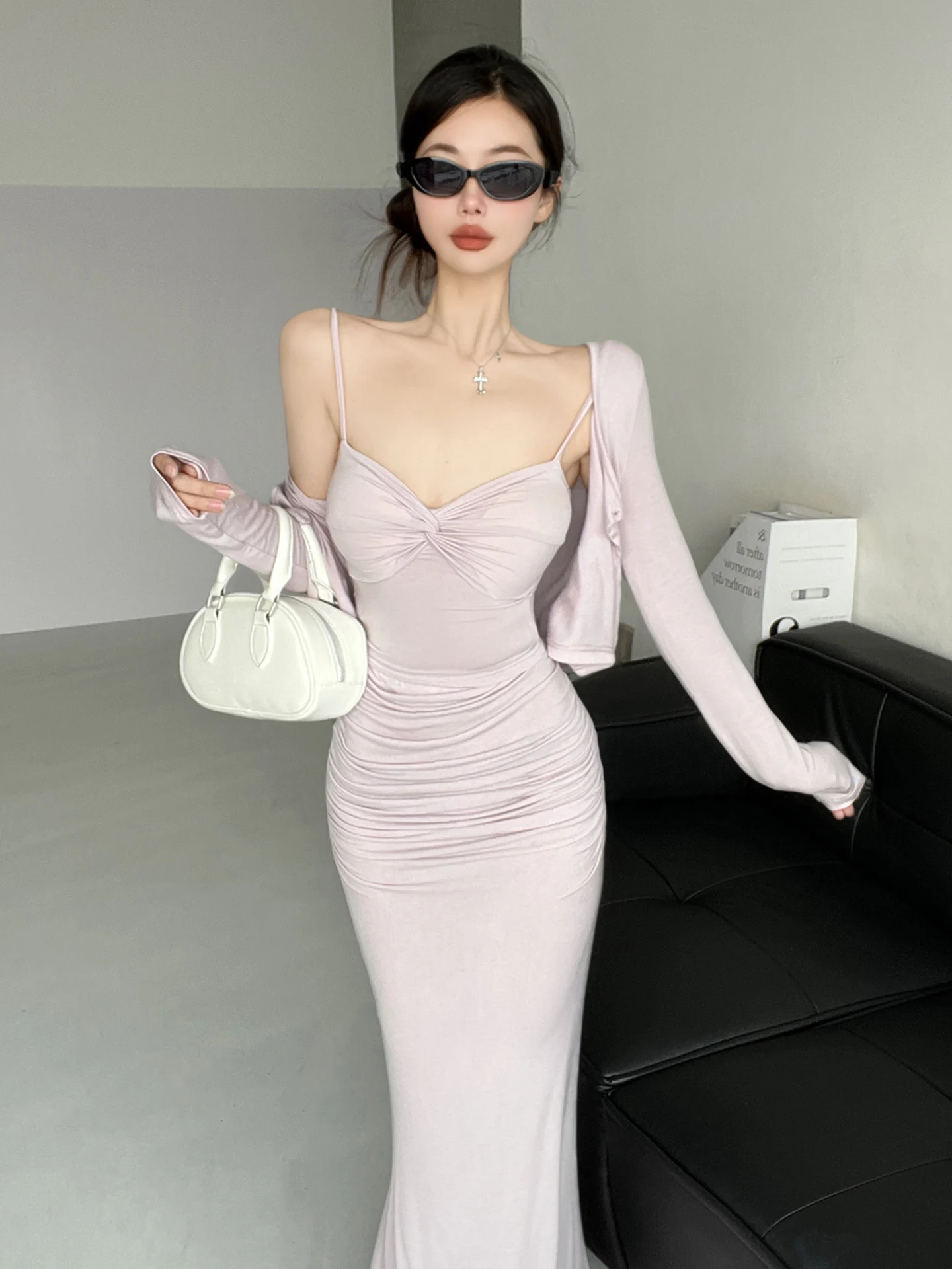 

Date Night Sexy Slim Fit Short Cardigan Strap Long Skirt Three Piece Set Spicy Girl Outfit Spring Fashion Women's Ensemble