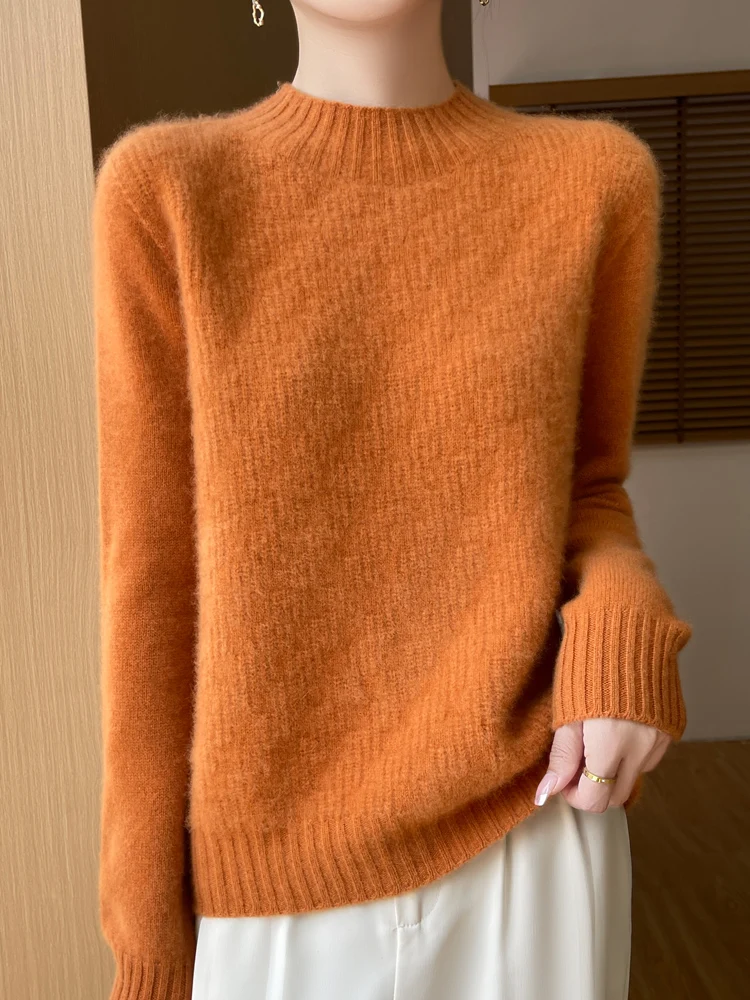 100% pure cashmere sweater women's semi-high neck thick jacquard seamless sweater loose cashmere bottoming shirt