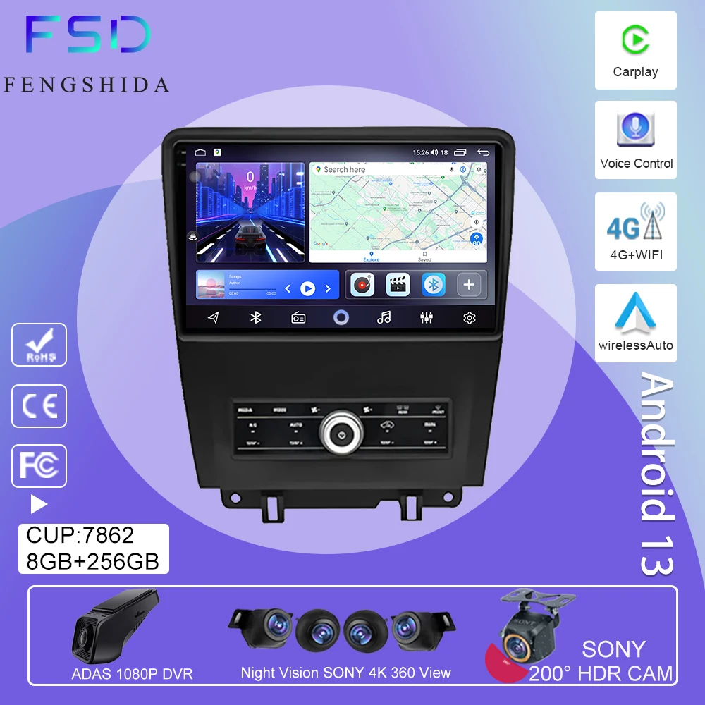 

Android 13 Carplay Auto Car Radio For Ford Mustang 2010 2011 2012-2014 Multimedia GPS Navigation Audio Video Player Stereo QLED