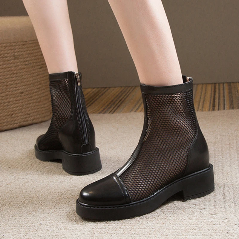 Mesh Hollow Chelsea Short Boots Women Summer Thin Section Breathable Thick Heel 6 Boots Female High Top Sandals Casual Shoe