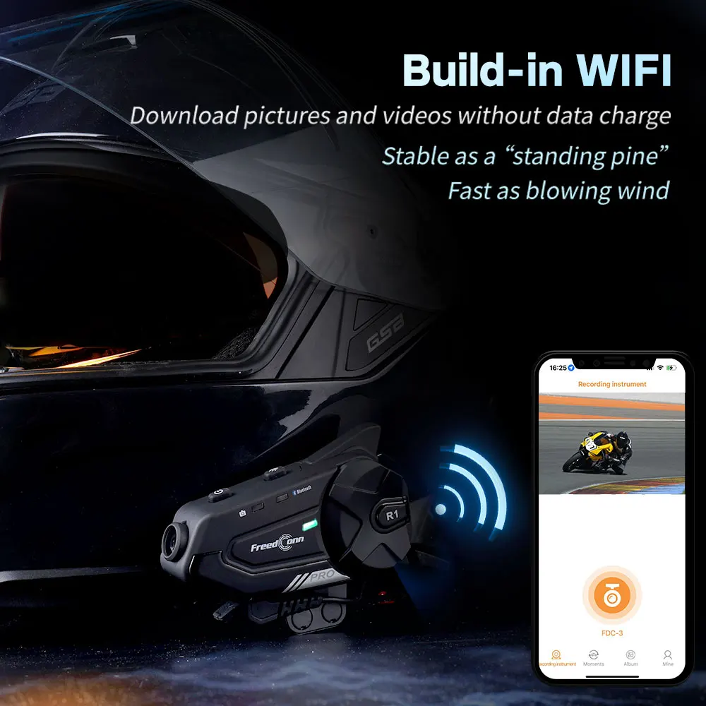 Freedconn-Oreillette Bluetooth R1 Pro pour moto, appareil de communication pour casque, haut-parleur de groupe, sauna, téléphone, application WiFi, caméra de tableau de bord, Dvr automatique