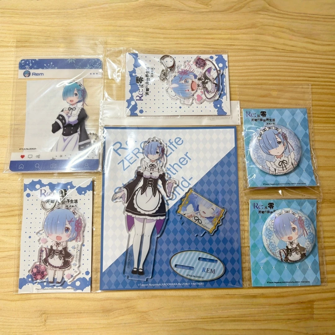 Re:Zero Oficial Auténtico Set de Llavero y Pin de Acrílico de Rem, Ram y Emilia, Bonito Set de Coleccionables de Anime, Regalo para Fans