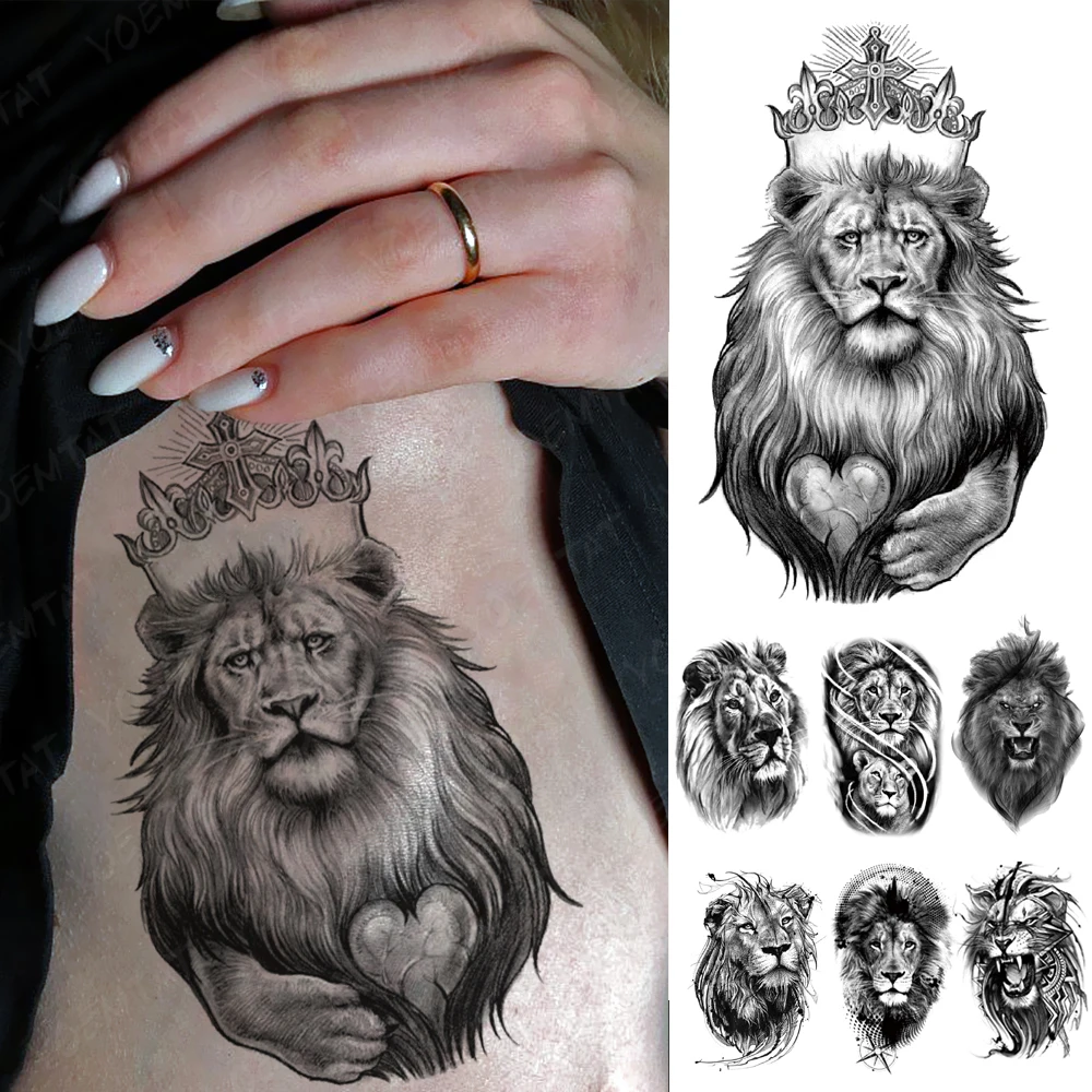 

Waterproof Temporary Tattoo Sticker beast animal realistic sketch Tattoos lion crown king Body Art Arm Fake Tatoo Men Women