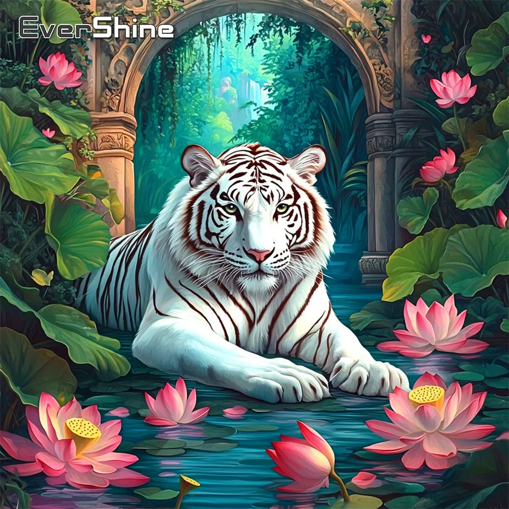 EverShine Diamant-Stickerei Tier Vollquadrat-Mosaik Tiger Strass-Bild Diamantmalerei Lotus Heimdekoration