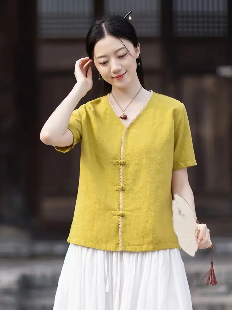 Artistic Retro Stand-Up Collar Chinese-Style Distressed Double-Breasted Button-Down Cotton-Linen Blouse/Shirt for Women