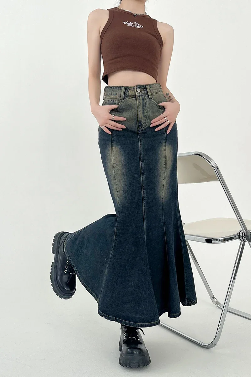 

Women Denim Skirt Y2k Emo 2000s Clothes Long Skirt Harajuku Korean 90s Fashion Vintage Gradient A-line Jean Skirt Grunge Clothes