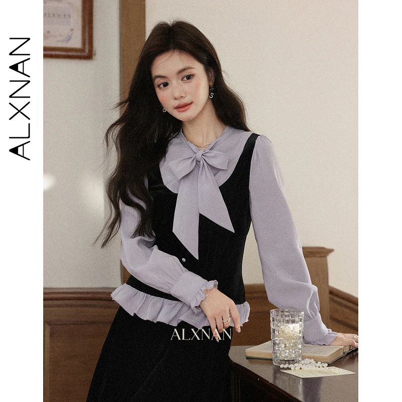 

ALXNAN Purple Shirt Long Sleeve Stitching Bow Neckline Women's Blouses 2025 Fall Casual Office Lady Sweet Tops Female L57666