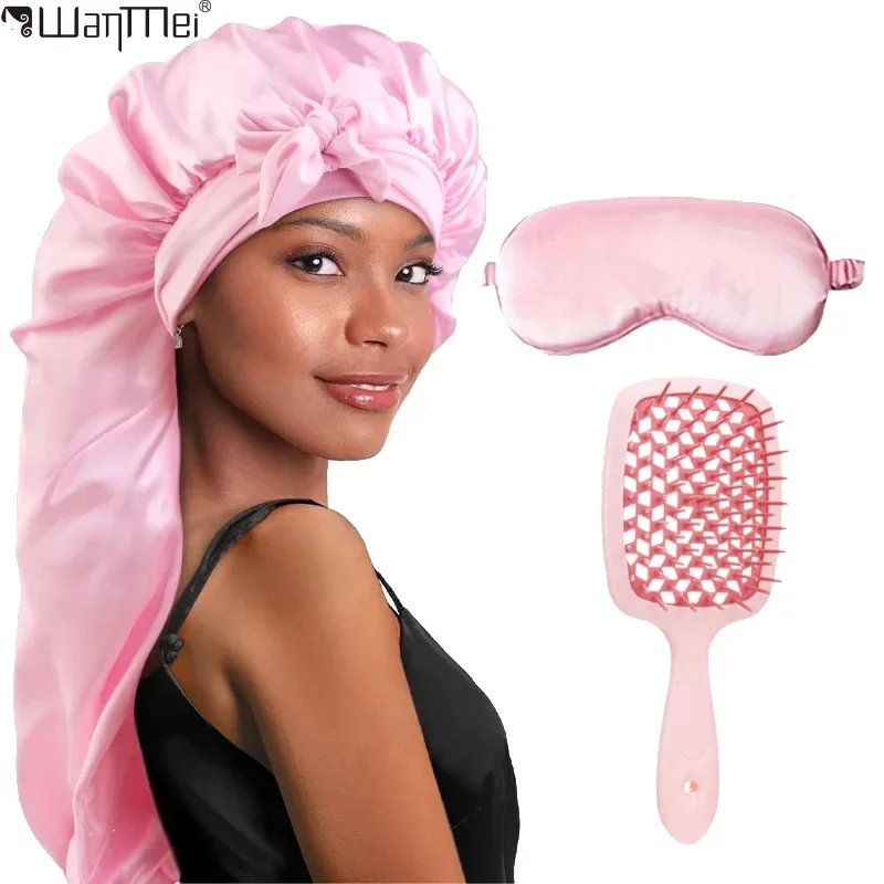 XL long silk nightcap oversized satin nightcap, loose and tight strap with sleep eye patch and anti-static massage hollow comb