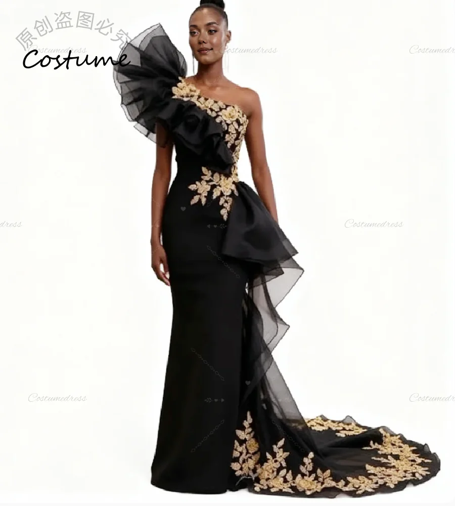 Graceful One Shoulder Black Evening Dress With Gold Lace Eleagnt Mermaid Prom Dress For African Black Girls Vintage Formal Party