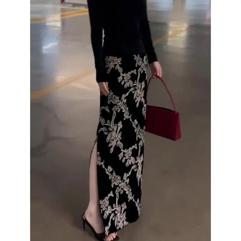 Women Vintage Floral Print Maxi Skirt High Waist Slim Fit Side Split Long Skirt Casual Bottoms