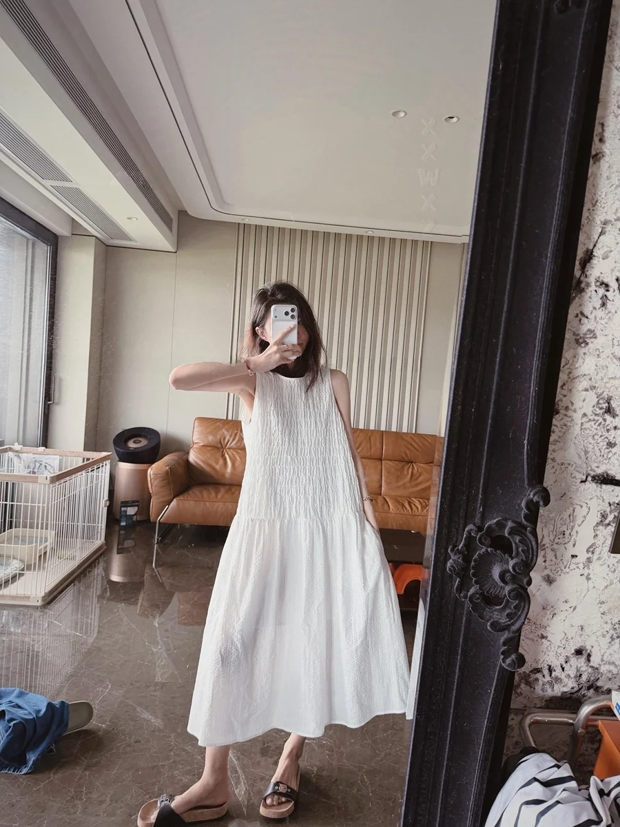 plus Size Summer New Style Simple Atmosphere Slight Wrinkle Texture Bubble Cloth Sleeveless Vest Dress Casual Fit Type